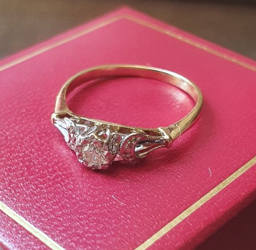 ART DECO OLD CUT OCTAGONAL DIAMOND 18 CT GOLD RING CRESCENT DIAMONDS SHOULDERS C1935 SIZE N - ADDITIONAL PHOTO 5