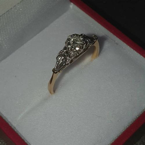 ART DECO OLD CUT OCTAGONAL DIAMOND 18 CT GOLD RING CRESCENT DIAMONDS SHOULDERS C1935 SIZE N - ADDITIONAL PHOTO 8