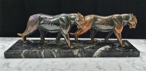 art deco pumas sculpture on marble plinth - CATEGORY: ANTIQUE METAL - DATED 1920