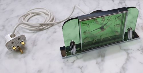 ART DECO CLOCK BY SMITHS GREEN GLASS CHROME REWIRED 12MO GUARANTEE C1930 - ADDITIONAL PHOTO 4