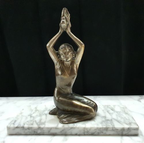 french art deco message of love sculpture of young woman holding dove on marble plinth - CATEGORY: ANTIQUE METAL - DATED 1930