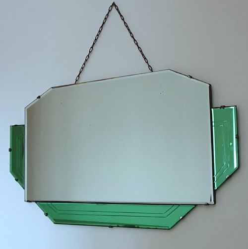 original art deco hanging wall mirror with geometric green panels c1930 - CATEGORY: ANTIQUE MIRRORS - DATED 1930