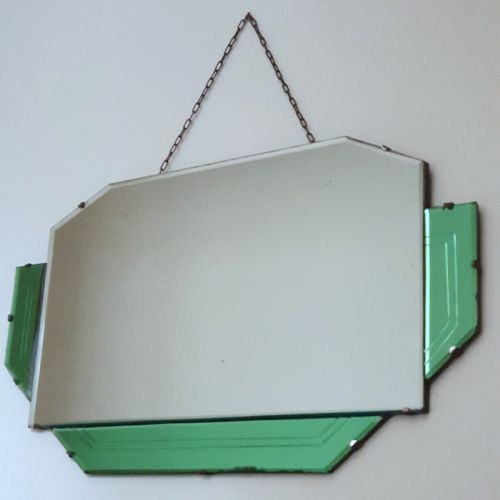 ORIGINAL ART DECO HANGING WALL MIRROR WITH GEOMETRIC GREEN PANELS C1930 - ADDITIONAL PHOTO 6