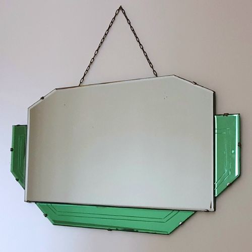 ORIGINAL ART DECO HANGING WALL MIRROR WITH GEOMETRIC GREEN PANELS C1930 - ADDITIONAL PHOTO 13