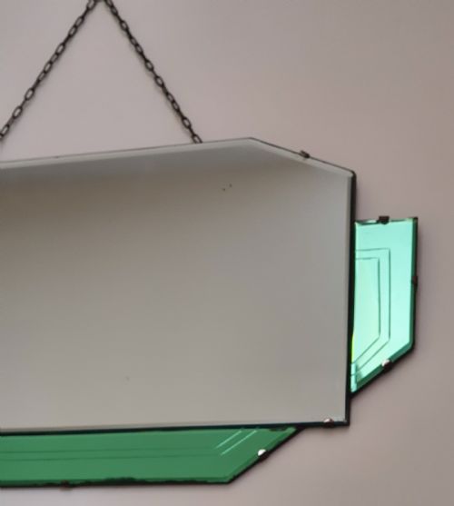 ORIGINAL ART DECO HANGING WALL MIRROR WITH GEOMETRIC GREEN PANELS C1930 - ADDITIONAL PHOTO 1