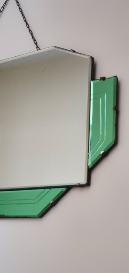 ORIGINAL ART DECO HANGING WALL MIRROR WITH GEOMETRIC GREEN PANELS C1930 - ADDITIONAL PHOTO 4