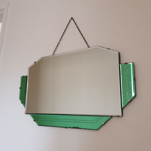 ORIGINAL ART DECO HANGING WALL MIRROR WITH GEOMETRIC GREEN PANELS C1930 - ADDITIONAL PHOTO 5