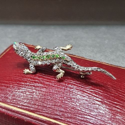 DIAMOND SALAMANDER BROOCH WITH EMERALD RUBY 18CT GOLD VICTORIAN ARDENT LOVE TOKEN ORIGINAL BOX - ADDITIONAL PHOTO 5