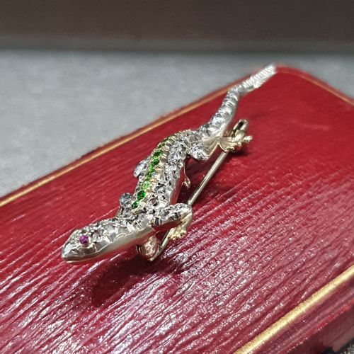 DIAMOND SALAMANDER BROOCH WITH EMERALD RUBY 18CT GOLD VICTORIAN ARDENT LOVE TOKEN ORIGINAL BOX - ADDITIONAL PHOTO 7
