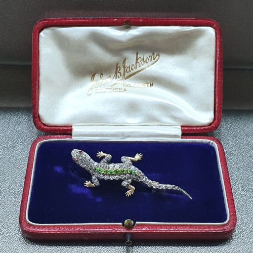 DIAMOND SALAMANDER BROOCH WITH EMERALD RUBY 18CT GOLD VICTORIAN ARDENT LOVE TOKEN ORIGINAL BOX - ADDITIONAL PHOTO 11