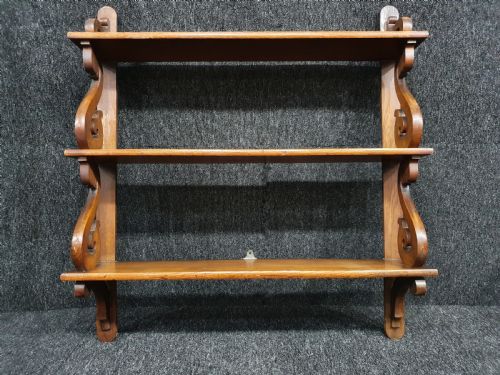 mid victorian graduated oak wall shelves scroll shape supports c 1875 - CATEGORY: ANTIQUE FURNITURE - DATED VICTORIAN