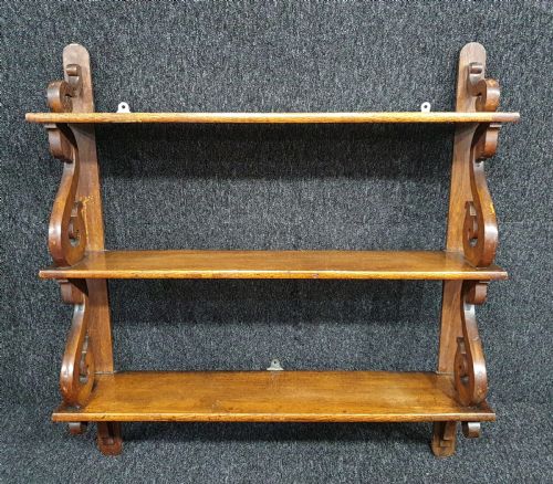 MID VICTORIAN GRADUATED OAK WALL SHELVES SCROLL SHAPE SUPPORTS C 1875 - ADDITIONAL PHOTO 1