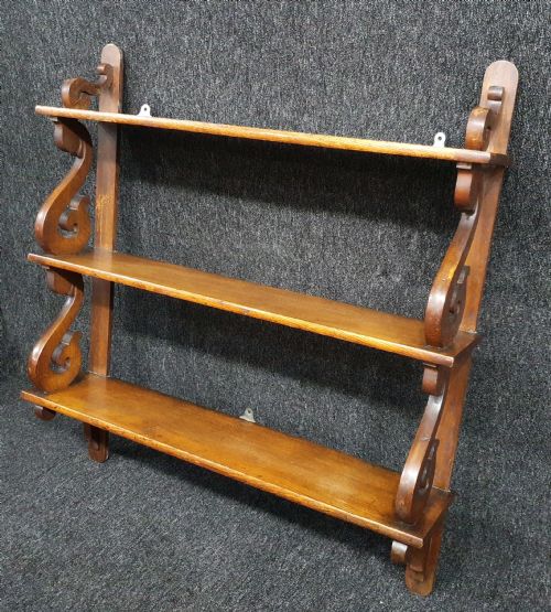 MID VICTORIAN GRADUATED OAK WALL SHELVES SCROLL SHAPE SUPPORTS C 1875 - ADDITIONAL PHOTO 3