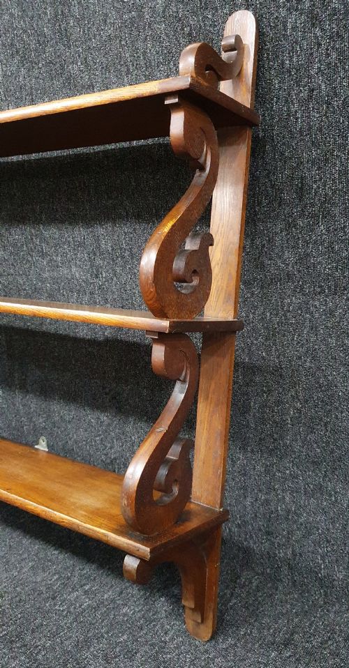 MID VICTORIAN GRADUATED OAK WALL SHELVES SCROLL SHAPE SUPPORTS C 1875 - ADDITIONAL PHOTO 4