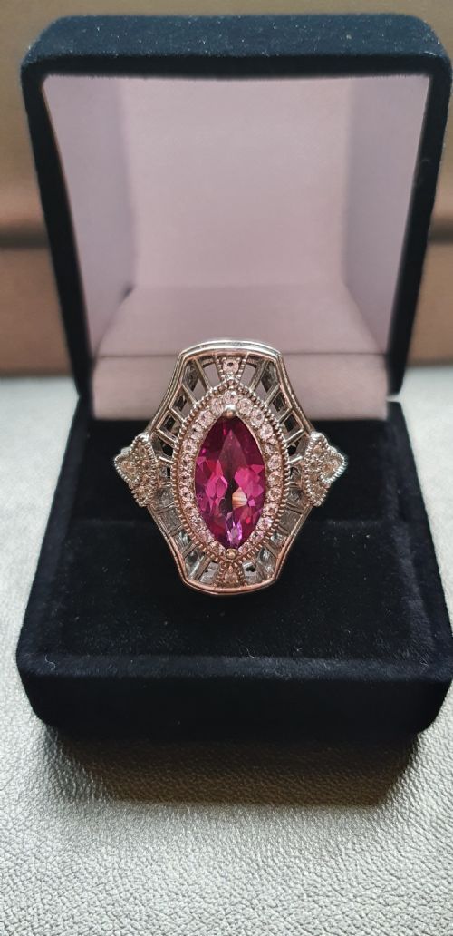 vintage marquise pink topaz 925 silver ring art deco style size n o - CATEGORY: ANTIQUE JEWELLERY - DATED 1950
