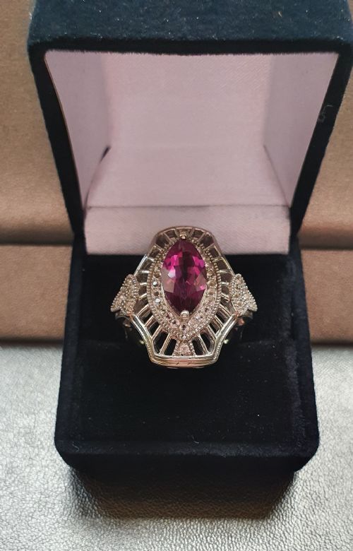 VINTAGE MARQUISE PINK TOPAZ 925 SILVER RING ART DECO STYLE SIZE N O - ADDITIONAL PHOTO 7