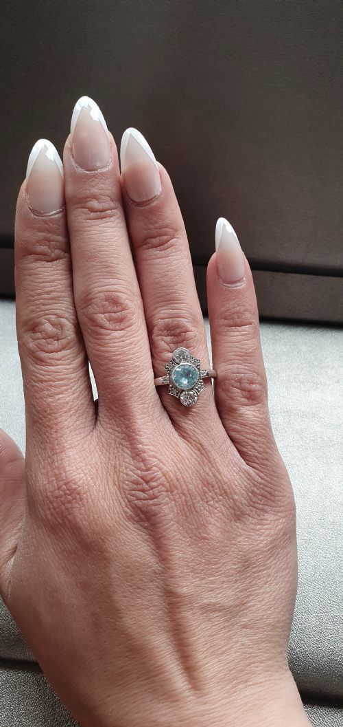 ART DECO CLASSIC DESIGN AQUAMARINE RING 925 SILVER SIZE M N - ADDITIONAL PHOTO 5