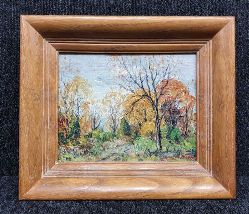 EARLY AUTUMN 1925 EXHIBITION OIL ON BOARD AMERICAN IMPRESSIONIST EMILE WALTERS ORIGINAL FRAME EXHIBITION LABEL - ADDITIONAL PHOTO 1