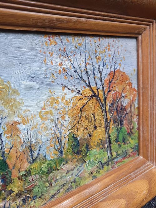 EARLY AUTUMN 1925 EXHIBITION OIL ON BOARD AMERICAN IMPRESSIONIST EMILE WALTERS ORIGINAL FRAME EXHIBITION LABEL - ADDITIONAL PHOTO 4