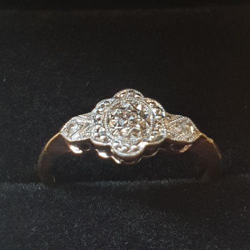 art deco old cut diamond on platinum 9 carat gold ring size l m c 1920 - CATEGORY: ANTIQUE JEWELLERY - DATED 1920