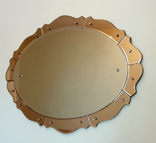 ART DECO MIRROR OVAL WITH PEACH SCALLOPED EDGE WALL HANGING C 1930 - ADDITIONAL PHOTO 11