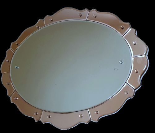 ART DECO MIRROR OVAL WITH PEACH SCALLOPED EDGE WALL HANGING C 1930 - ADDITIONAL PHOTO 2