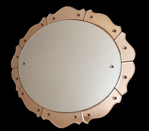 ART DECO MIRROR OVAL WITH PEACH SCALLOPED EDGE WALL HANGING C 1930 - ADDITIONAL PHOTO 4
