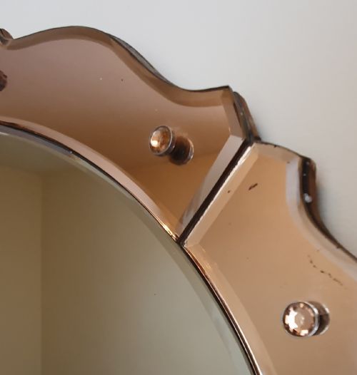 ART DECO MIRROR OVAL WITH PEACH SCALLOPED EDGE WALL HANGING C 1930 - ADDITIONAL PHOTO 8