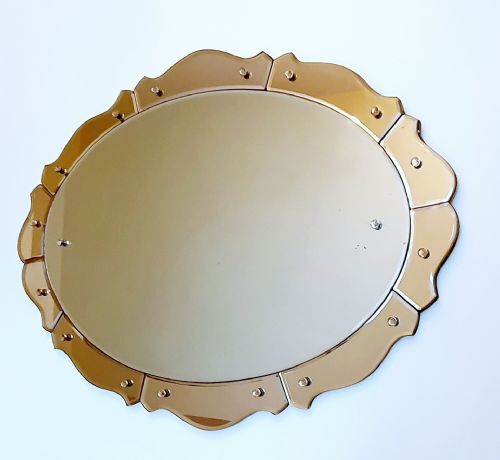 art deco mirror oval with peach scalloped edge wall hanging c 1930 - CATEGORY: ANTIQUE MIRRORS - DATED 1930