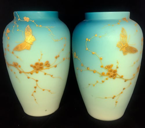 pair cased glass gilded enamelled vases c1880 butterfly prunus tree reliefs - CATEGORY: ANTIQUE GLASS - DATED 1880