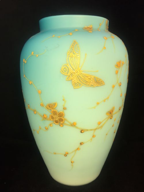 PAIR CASED GLASS GILDED ENAMELLED VASES C1880 BUTTERFLY PRUNUS TREE RELIEFS - ADDITIONAL PHOTO 1