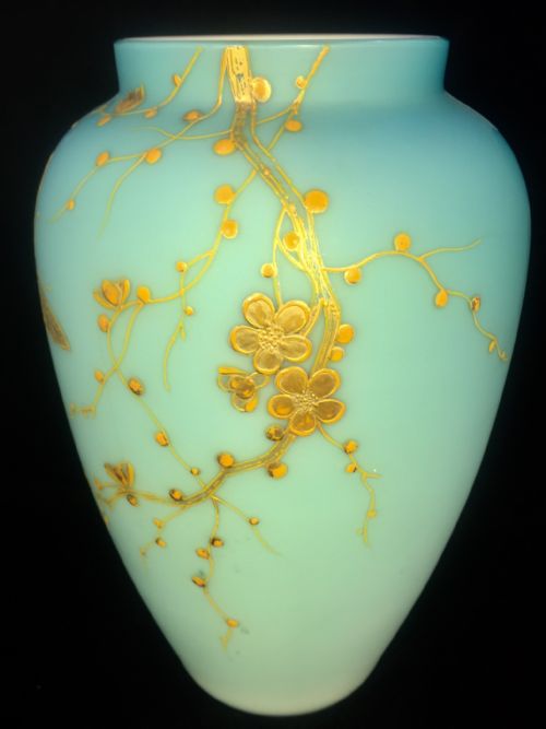 PAIR CASED GLASS GILDED ENAMELLED VASES C1880 BUTTERFLY PRUNUS TREE RELIEFS - ADDITIONAL PHOTO 2