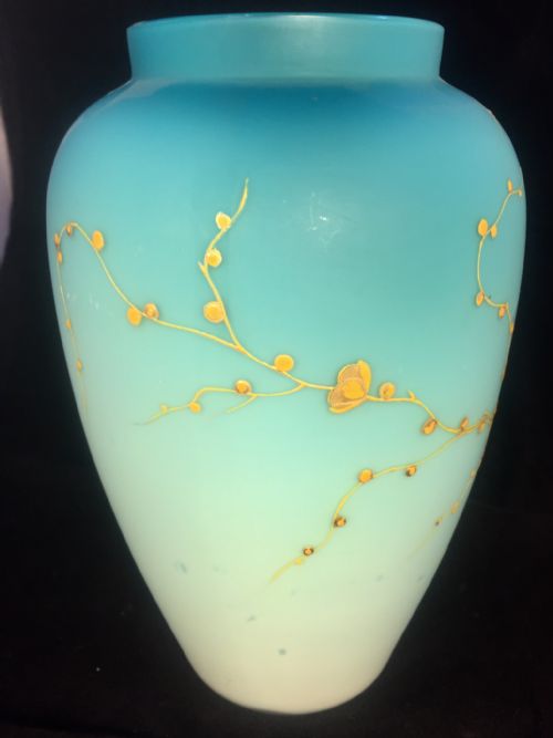 PAIR CASED GLASS GILDED ENAMELLED VASES C1880 BUTTERFLY PRUNUS TREE RELIEFS - ADDITIONAL PHOTO 4