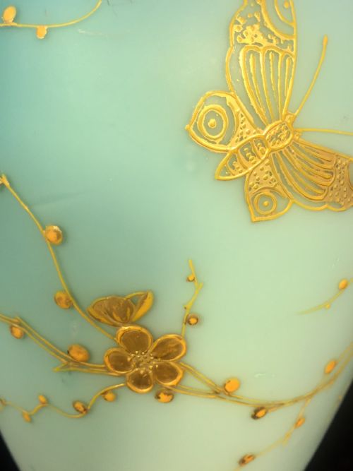 PAIR CASED GLASS GILDED ENAMELLED VASES C1880 BUTTERFLY PRUNUS TREE RELIEFS - ADDITIONAL PHOTO 5