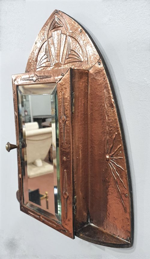 arts and crafts copper mirrored key cupboard art nouveau early art deco design - CATEGORY: ANTIQUE FURNITURE - DATED 1910