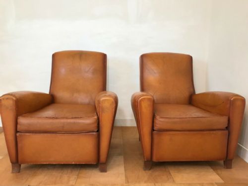 pair of french art deco leather club chairs c1930 - CATEGORY: ANTIQUE CHAIRS - DATED 1930