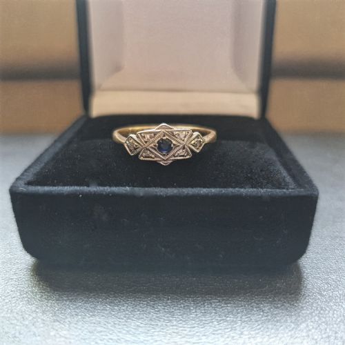 ART DECO GEOMETRIC PLATINUM SET SAPPHIRE DIAMONDS 9CT GOLD BAND RING SIZE L - ADDITIONAL PHOTO 7