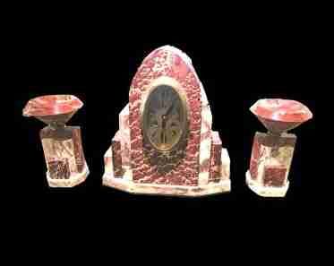 French Art Deco Mantle Clock in Rose Marble C.1930