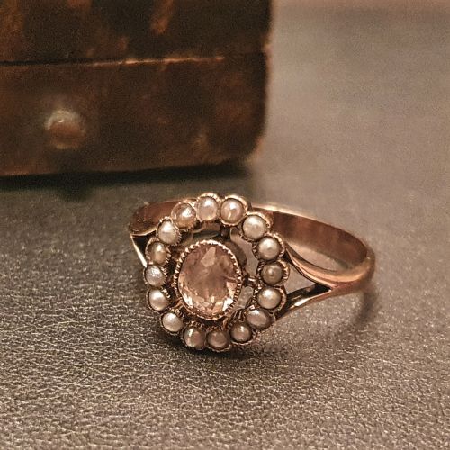 Georgian 15ct Rose Gold Champagne Pink Sapphire & Seed Pearl Halo - Ring Size N½