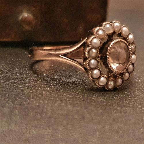 fig 1. Georgian 15ct Rose Gold Champagne Pink Sapphire & Seed Pearl Halo - Ring Size N½