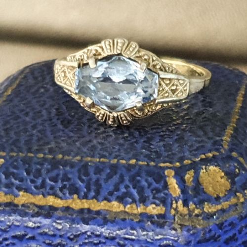 RARE GERMAN ART DECO RING 15CT AQUAMARINE DIAMOND ON 333 CONTINENTAL 8CT GOLD SIZE L - ADDITIONAL PHOTO 3