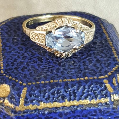 RARE GERMAN ART DECO RING 15CT AQUAMARINE DIAMOND ON 333 CONTINENTAL 8CT GOLD SIZE L - ADDITIONAL PHOTO 4
