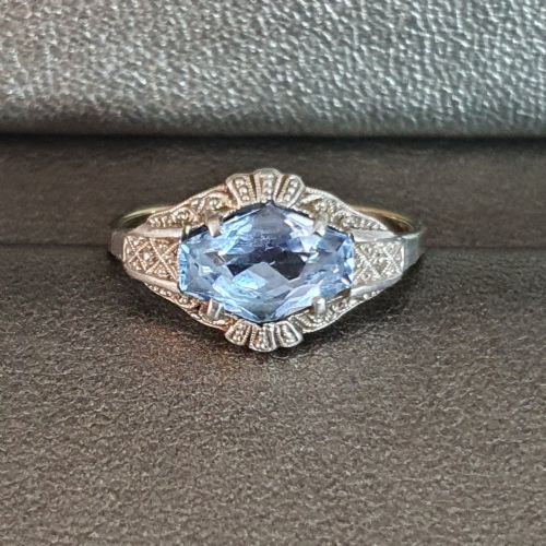 RARE GERMAN ART DECO RING 15CT AQUAMARINE DIAMOND ON 333 CONTINENTAL 8CT GOLD SIZE L - ADDITIONAL PHOTO 8