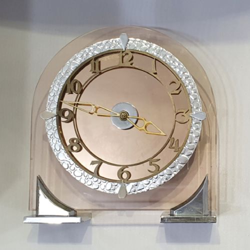 ART DECO CLOCK IN PEACH GLASS 8 DAY ENGLISH MOVEMENT MANTEL CLOCK - ADDITIONAL PHOTO 4