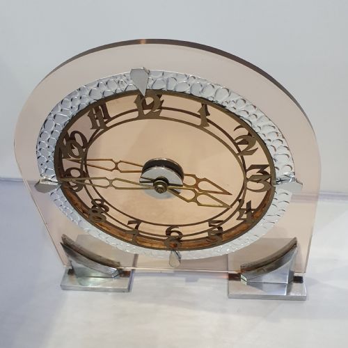 ART DECO CLOCK IN PEACH GLASS 8 DAY ENGLISH MOVEMENT MANTEL CLOCK - ADDITIONAL PHOTO 5