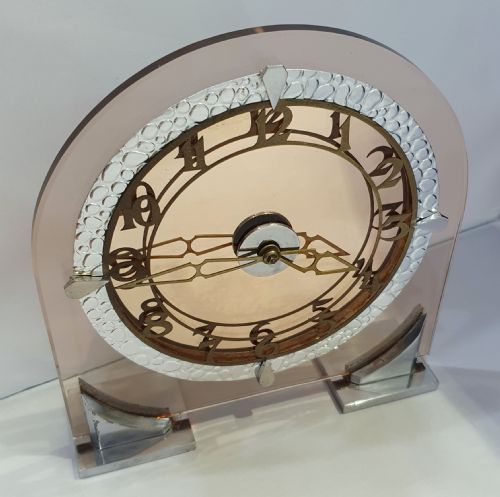 ART DECO CLOCK IN PEACH GLASS 8 DAY ENGLISH MOVEMENT MANTEL CLOCK - ADDITIONAL PHOTO 8
