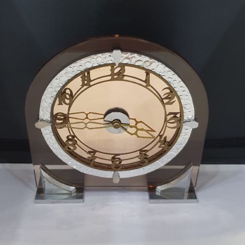 ART DECO CLOCK IN PEACH GLASS 8 DAY ENGLISH MOVEMENT MANTEL CLOCK - ADDITIONAL PHOTO 9