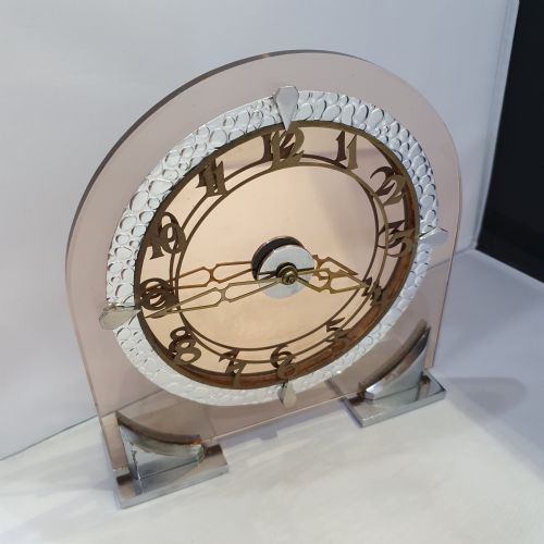 ART DECO CLOCK IN PEACH GLASS 8 DAY ENGLISH MOVEMENT MANTEL CLOCK - ADDITIONAL PHOTO 1