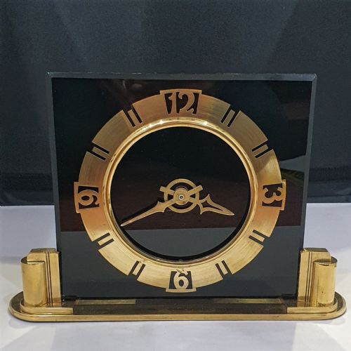 art deco clock black glass brass british electric meters converted to quartz mantel clock - CATEGORY: ANTIQUE CLOCKS - DATED 1930