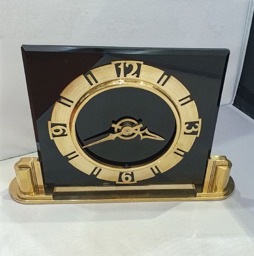 ART DECO CLOCK BLACK GLASS BRASS BRITISH ELECTRIC METERS CONVERTED TO QUARTZ MANTEL CLOCK - ADDITIONAL PHOTO 5